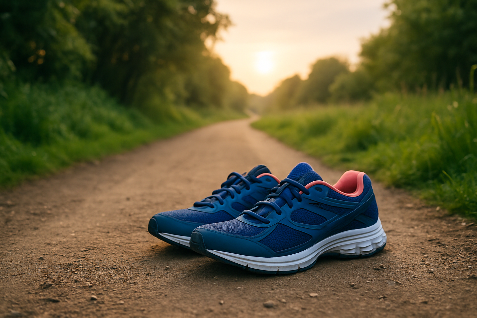 A pair of blue and navy running shoes placed on a dirt path surrounded by green foliage, with warm sunlight casting soft shadows along a winding trail, evoking a peaceful outdoor running environment.