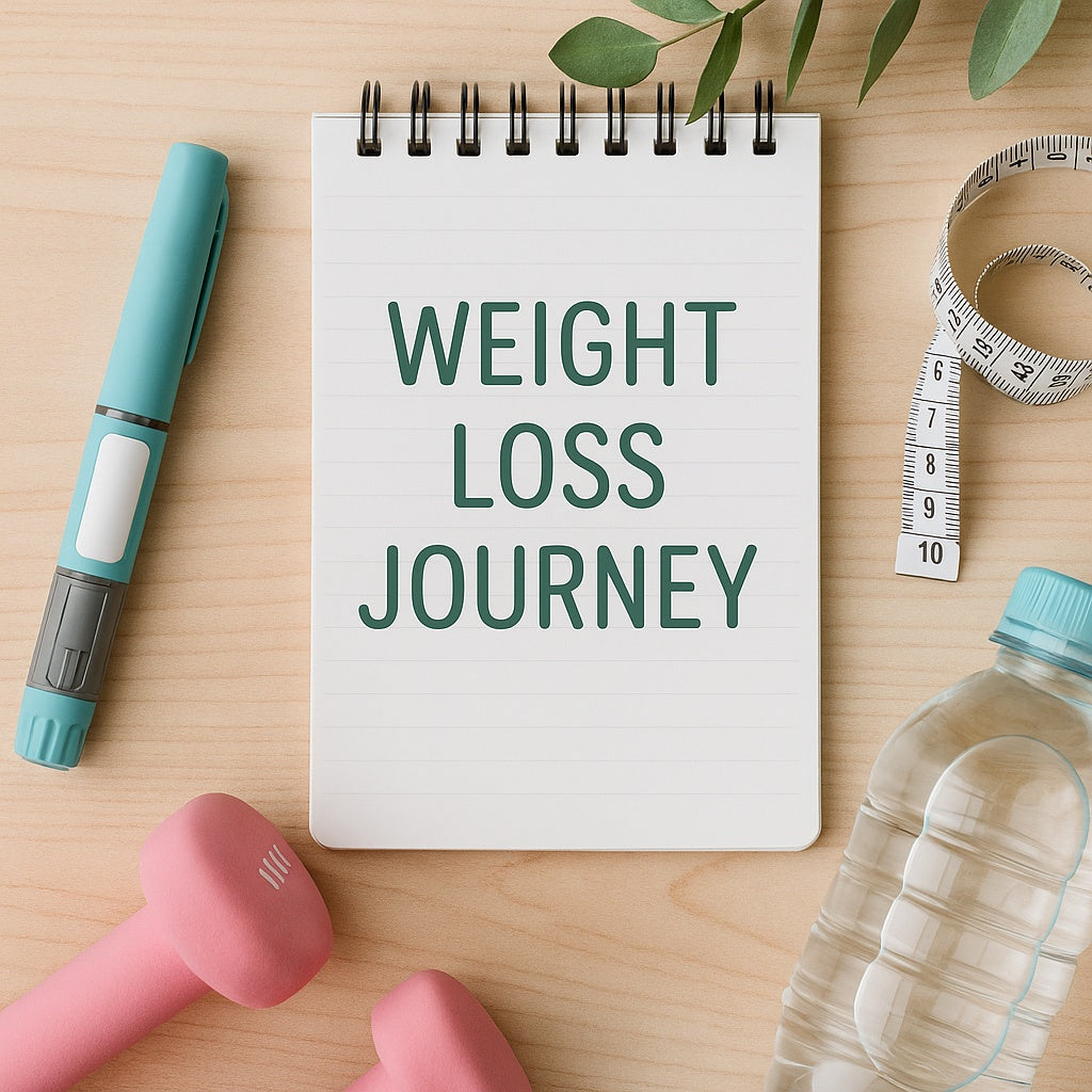 Flat lay of a notepad titled 'Weight Loss Journey' with a GLP-1 injection pen, pink dumbbells, a measuring tape, and a water bottle on a wooden surface."
