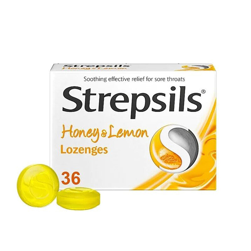 Strepsils Honey & Lemon Lozenges, soothing antiseptic formula for sore throats. Available at Happy Pharmacy with trusted healthcare support.