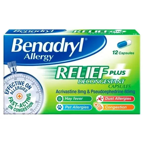 Benadryl Allergy Relief Plus Decongestant Capsules, fast relief for hay fever, dust, pet, and skin allergies. Combines acrivastine antihistamine with pseudoephedrine decongestant for effective symptom control. Available at Happy Pharmacy with trusted healthcare support.