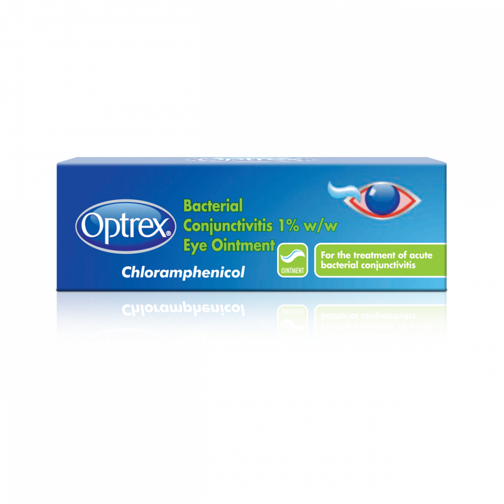 Optrex Bacterial Conjunctivitis Chloramphenicol 1% Ointment 4g, an effective antibiotic treatment for bacterial eye infections, reducing redness and irritation. Available at Happy Pharmacy with fast delivery