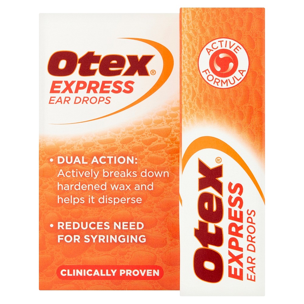 Otex Express Ear Drops, fast-acting ear wax removal with dual-action formula to soften and disperse hardened wax. Available at Happy Pharmacy with trusted healthcare support