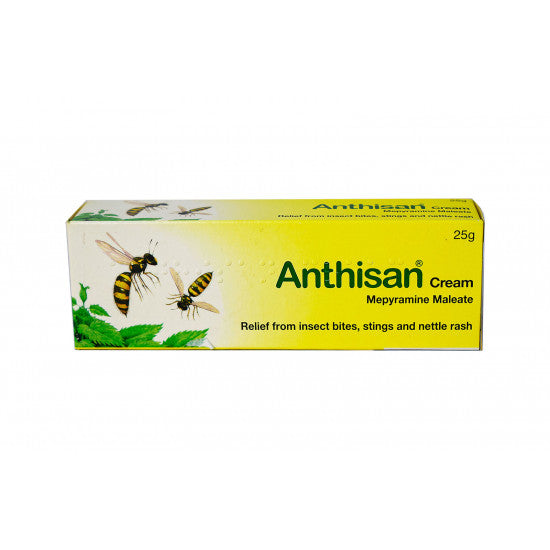 Anthisan Cream 25g, fast relief for insect bites, stings, and nettle rash. Available at Happy Pharmacy with trusted healthcare support.