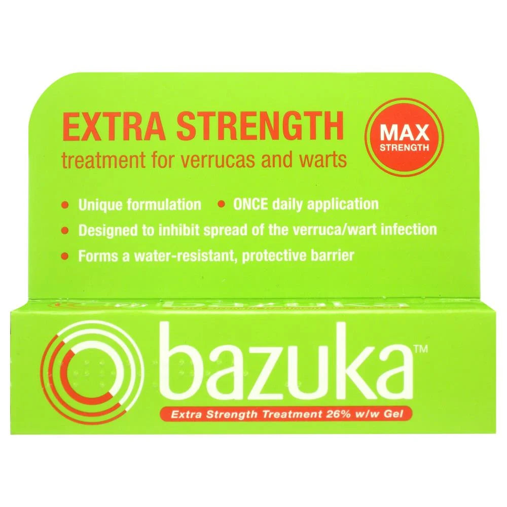 Bazuka Extra Strength Treatment Gel, maximum-strength formula for verruca and wart removal. Contains salicylic acid to break down infected skin and prevent spread. Available at Happy Pharmacy with trusted healthcare support.