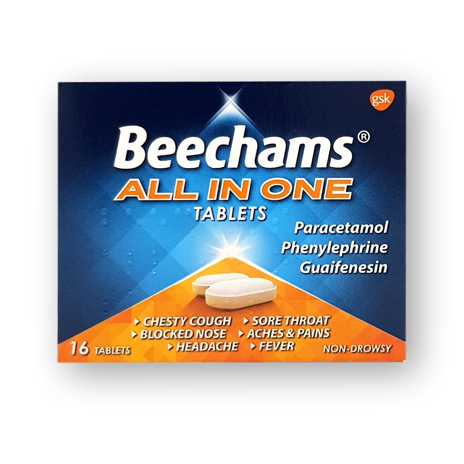 Beechams All In One Tablets, triple-action formula for cold and flu relief. Contains paracetamol, guaifenesin, and phenylephrine to ease fever, congestion, and chesty coughs. Available at Happy Pharmacy with trusted healthcare support.