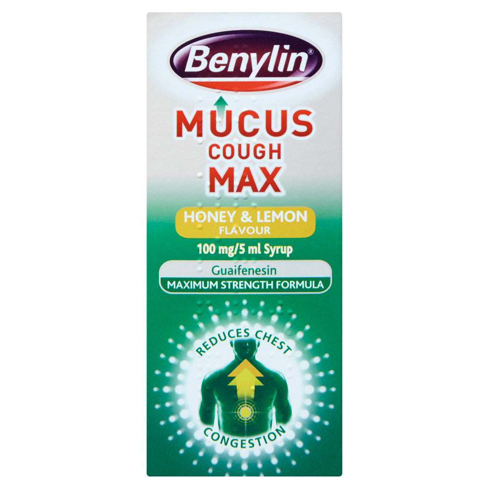 Benylin Mucus Cough Max Honey & Lemon Syrup 150ml, maximum-strength formula for chesty cough relief. Loosens mucus and clears congestion with soothing honey & lemon flavour. Available at Happy Pharmacy with trusted healthcare support.