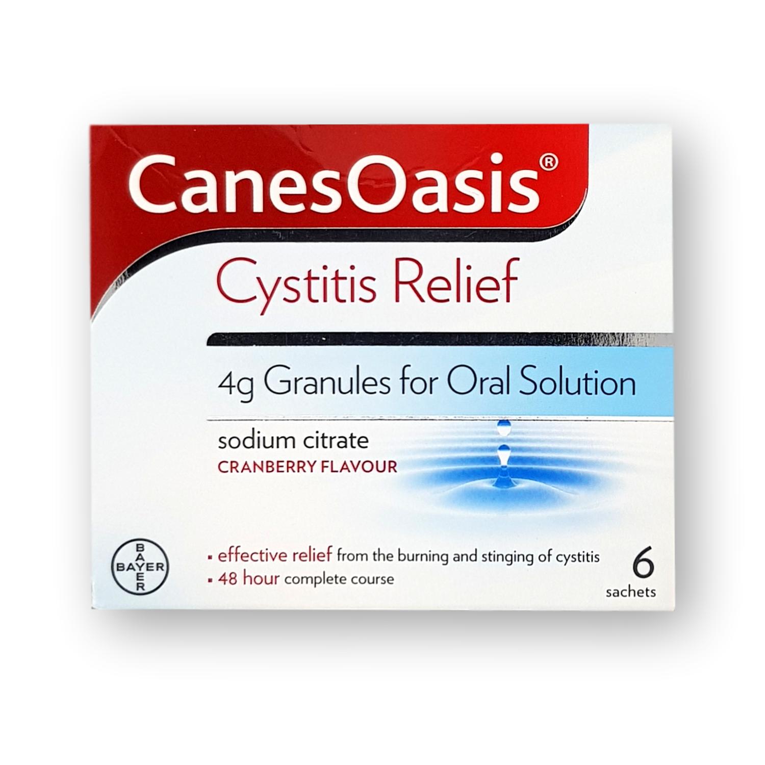CanesOasis Cystitis Relief, fast-acting urinary tract support with sodium citrate to ease burning and discomfort. Two-day treatment in cranberry-flavoured sachets. Available at Happy Pharmacy with trusted healthcare support.