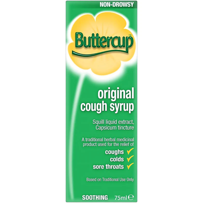 Buttercup Original Cough Syrup, traditional herbal formula for soothing coughs, colds, and sore throats. Available at Happy Pharmacy with trusted healthcare support