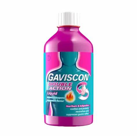 Gaviscon Double Action Liquid Peppermint 600ml, fast-acting relief for heartburn and acid indigestion. Forms a protective barrier and neutralizes excess stomach acid. Available at Happy Pharmacy with trusted healthcare support