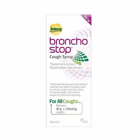 BronchoStop Cough Syrup, traditional herbal formula for relief from dry, tickly, and chesty coughs. Contains thyme and marshmallow root extracts to soothe irritation and clear mucus. Available at Happy Pharmacy with trusted healthcare support.