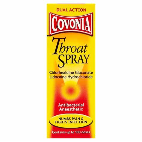 Covonia Throat Spray, dual-action formula with antiseptic and anaesthetic properties. Relieves sore throat pain and fights infection with chlorhexidine and lidocaine. Available at Happy Pharmacy with trusted healthcare support."