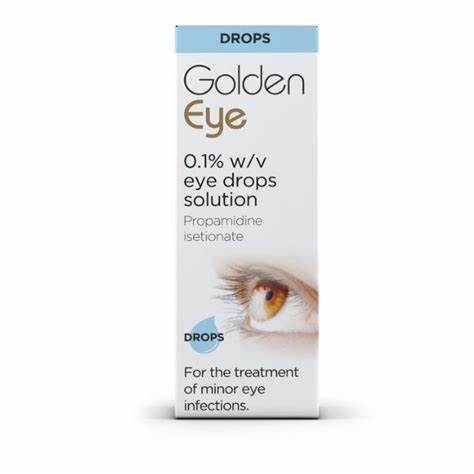 GoldenEye Eye Drops, an antiseptic treatment for minor eye infections like conjunctivitis and blepharitis. Available at Happy Pharmacy.