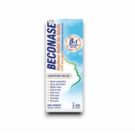 Beconase Hayfever Nasal Spray 180 Dose, fast-acting relief for hay fever and nasal congestion. Contains beclometasone dipropionate to reduce inflammation and ease allergy symptoms. Available at Happy Pharmacy with trusted healthcare support.