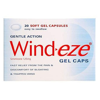 Wind-Eze Soft Gel Capsules, fast-acting relief for trapped wind, bloating, and stomach discomfort. Contains simeticone to gently disperse gas bubbles for effective symptom relief. Available at Happy Pharmacy with trusted healthcare support.