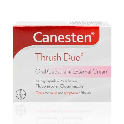 Canesten Thrush Duo Oral Capsule & External Cream, complete 2-step treatment for thrush. Fluconazole capsule tackles the infection, while clotrimazole cream soothes itching and irritation. Available at Happy Pharmacy with trusted healthcare support.