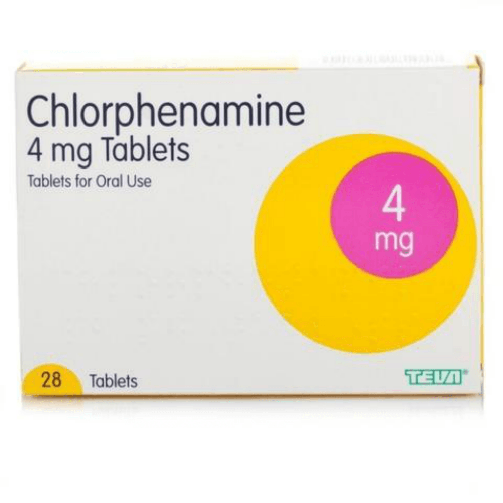Chlorphenamine 4mg (Generic Antihistamine) 28 Tablets, effective relief for hay fever, allergies, and skin irritation. Fast-acting formula to reduce itching, sneezing, and swelling. Available at Happy Pharmacy with trusted healthcare support.