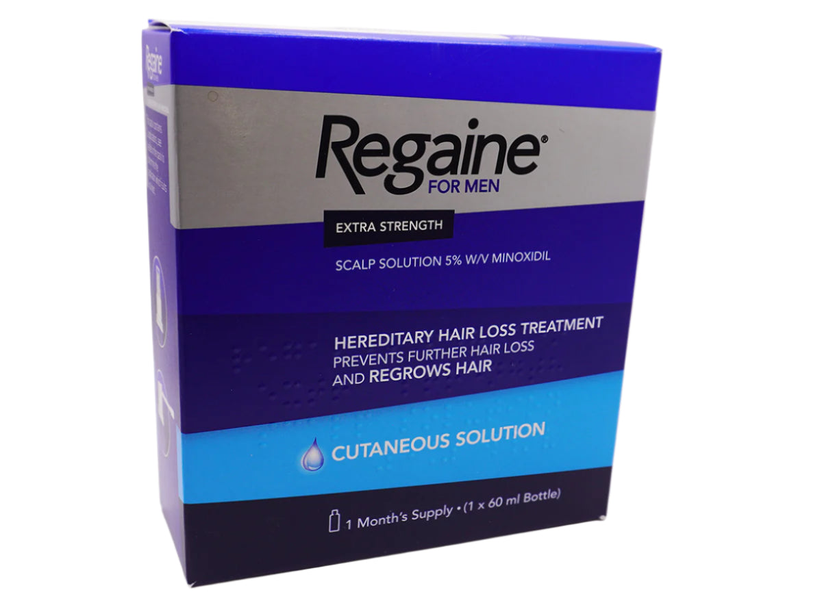 Regaine for Men Extra Strength Solution – clinically proven treatment for hereditary hair loss, available at Happy Pharmacy for trusted and discreet service