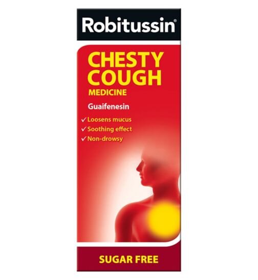 Robitussin Chesty Cough Sugar Free Liquid 250ml, non-drowsy formula for chesty cough relief. Contains guaifenesin to loosen mucus and ease congestion. Available at Happy Pharmacy with trusted healthcare support.